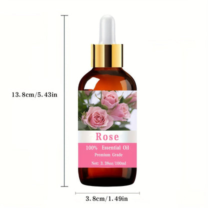 Essential Oil Rose 100ml Dropper Bottle with Floral Scent for Diffuser, Massage, Hair and Body Care