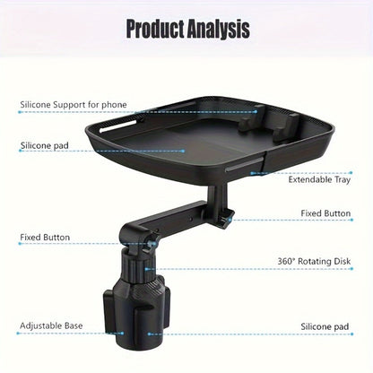3-in-1 Car Cup Holder Tray with Phone Holder – Dual Expandable Base, ABS Adjustable 360° Rotating Bracket