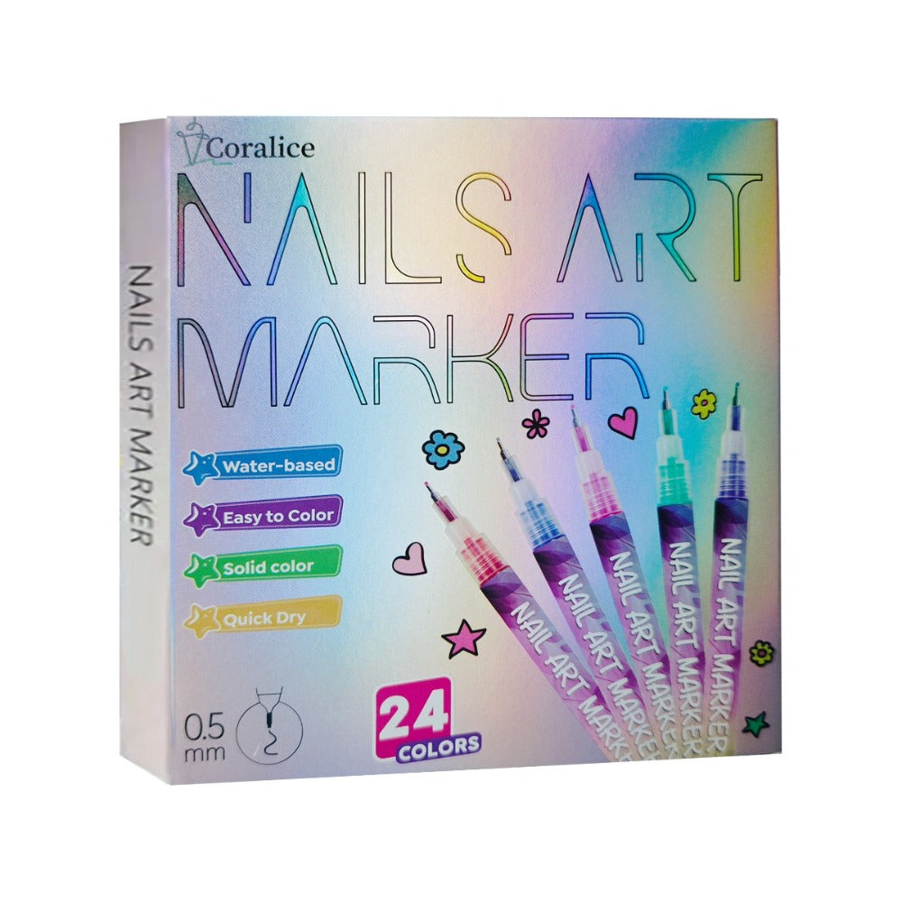 Nail Art Pens 24-Color Water-Based Marker Set with 0.5mm Fine Tips in a Boxed Multicolor Tray