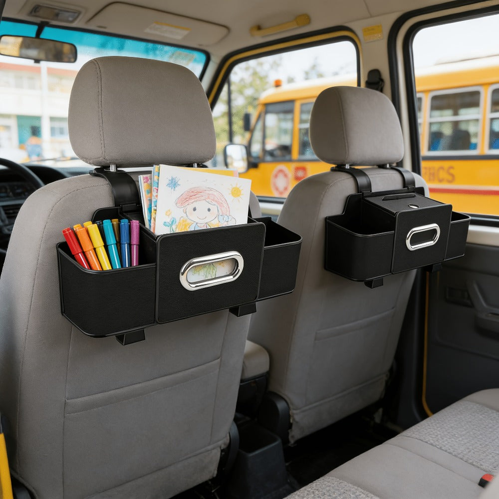 Compact Headrest-Hanging Car Organizer with Two Cup Pockets, Tissue Opening, Hooks and Five Pack Options
