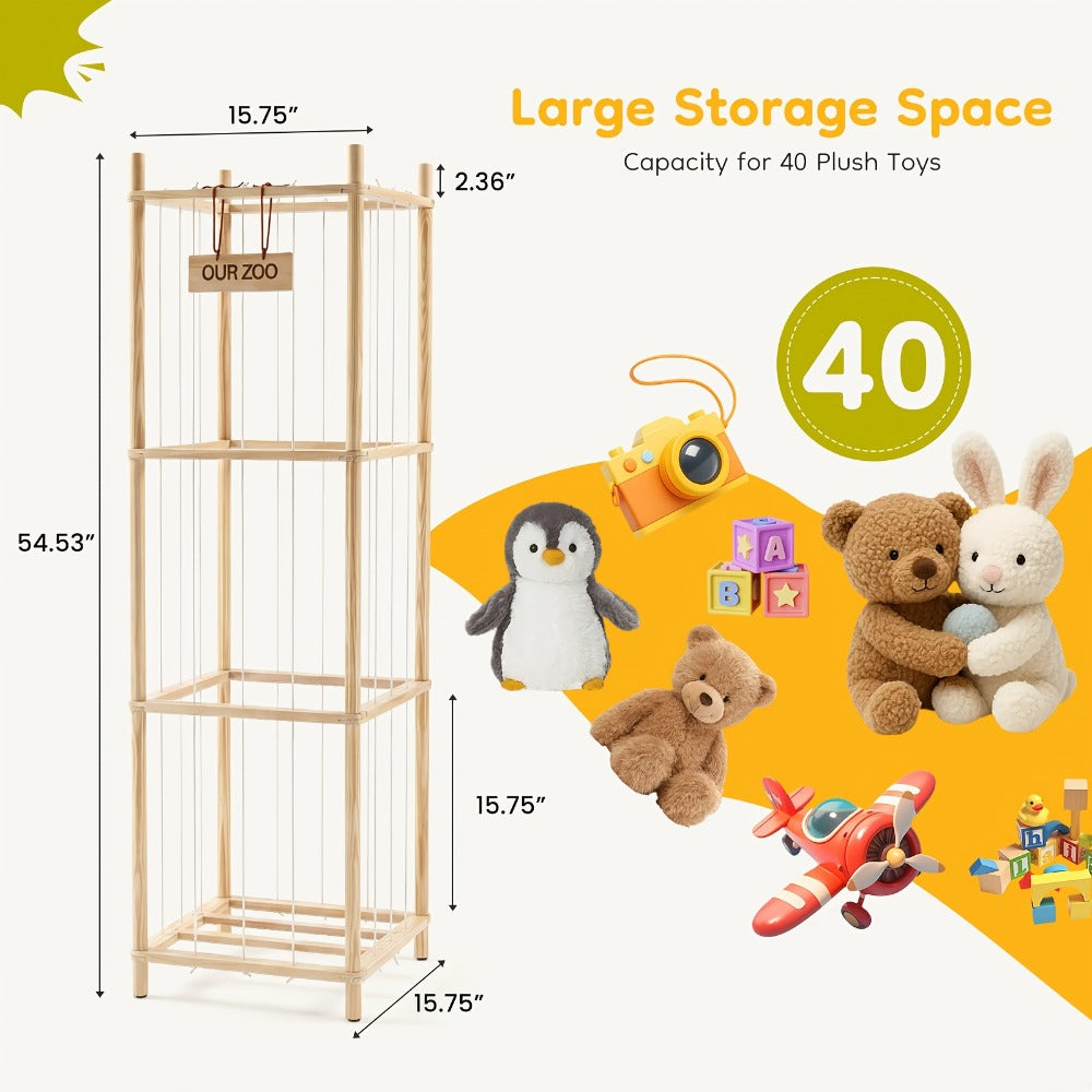 Four-Tier Stuffed Animal Storage Organizer with Rectangular Open Frame in Natural, White or Pink