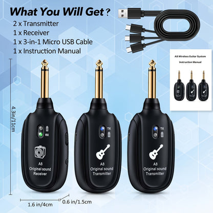UHF Wireless Guitar System 100ft Range - Plug & Play, Noise-Free Transmission, 2 Transmitters & Receiver