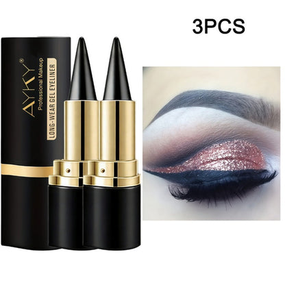 Compact Matte-Look Black Cone-Tip Eyeliner Set with Three Twist-Up Sticks in Black and Gold Cases