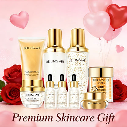Skincare Gift Set for Women 9pcs Golden Luxury Kit, Niacinamide Collagen Hyaluronic Acid Daily Facial Care Premium Birthday Holiday Gift