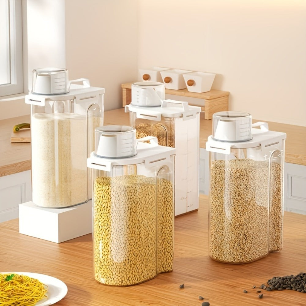 Airtight Grain Storage Containers 4pcs – Transparent Plastic Food Storage Box with Flip Top Lid & Pouring Port for Rice Flour Dry Goods