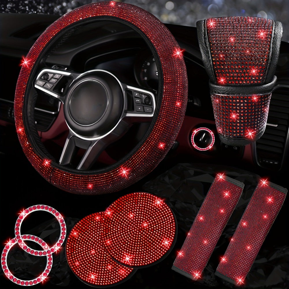 8-Piece Rhinestone Car Interior Accessories Set with Steering Wheel Cover, Coasters and Seat Belt Pads