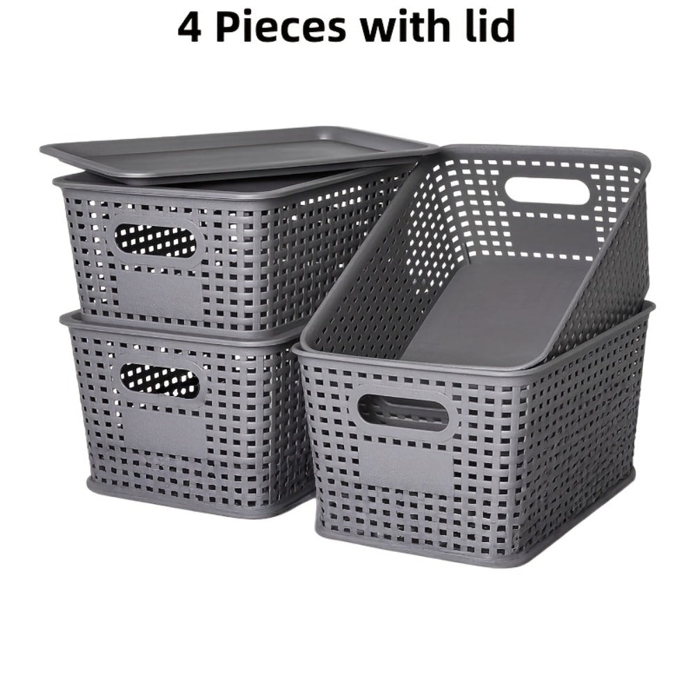 Shelf Storage Organizer Bins with Lids 4 or 8 Pack, Stackable 10 x 7 x 4 Inch Boxes in Four Colors