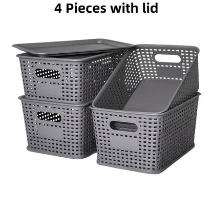 Shelf Storage Organizer Bins with Lids 4 or 8 Pack, Stackable 10 x 7 x 4 Inch Boxes in Four Colors