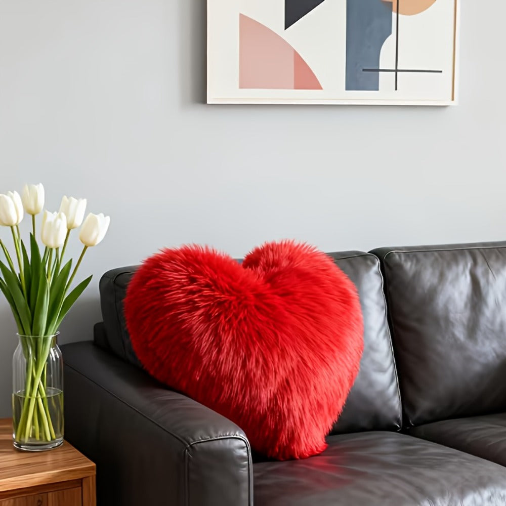 Heart Shaped Plush Pillow Cover Faux Wool Fluffy Cushion Cover for Sofa Bed Chair Car – Valentine's Day Decor Throw Pillowcase 17" Soft