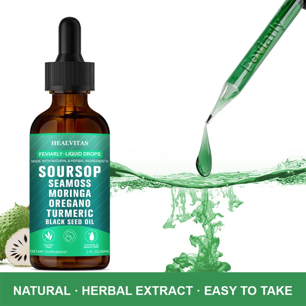 Soursop Bitters Liquid Supplement 2oz 10-in-1 with Seaweed Moringa Turmeric Black Seed Oil & Oregano Herbal Extracts