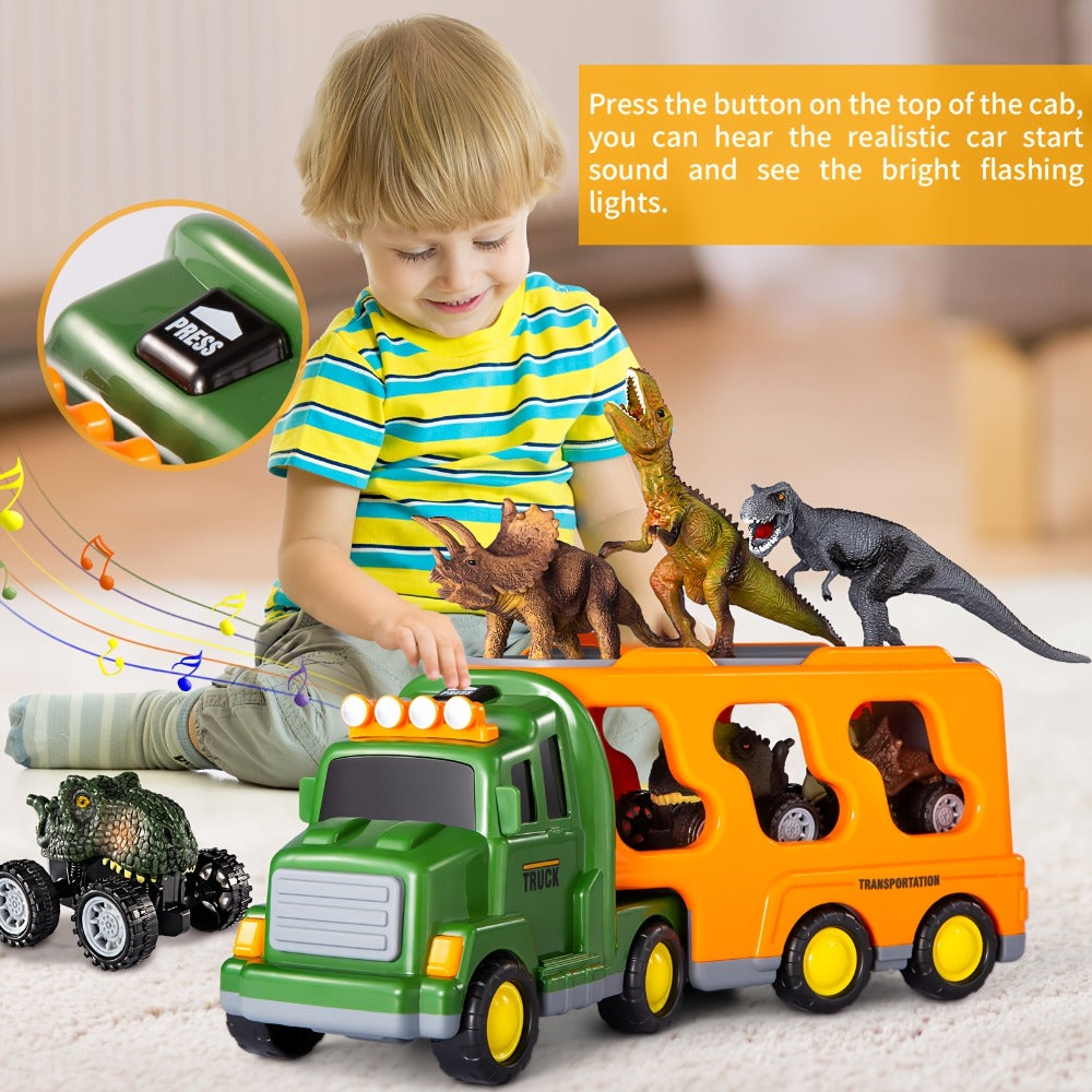 Push-Action Dinosaur Truck Toy 7-in-1 for Kids Ages 3-5 with 3 Dino Figures with the Listed Color, Size or Set Options for Everyday Use