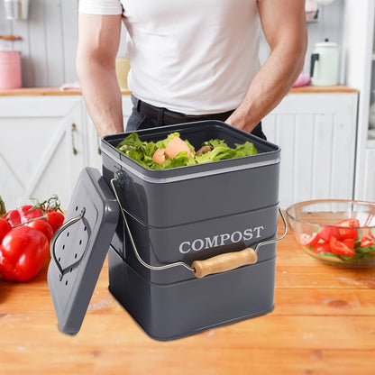 Kitchen Compost Bin 1 Gallon with Charcoal Filter & Wooden Handle, Odor-Free Indoor Countertop Food Waste Bin