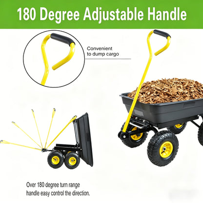 Garden Dump Cart 4-Wheel Steel Frame Poly Bed Quick-Release Dump Feature Foldable D-Handle Yard Wagon for Landscaping Lawn