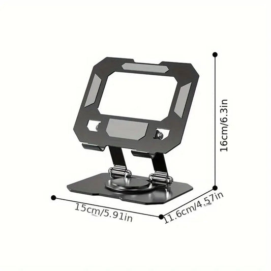 Black Rotating Metal Tablet Stand with Folding Desktop Base, 15 × 11.6 × 16 cm Label and Adjustable Viewing Angle
