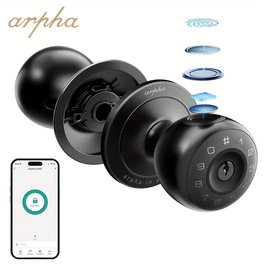 Smart Door Lock Arpha Round Knob with Fingerprint Keypad App and Mechanical Key Access in Black