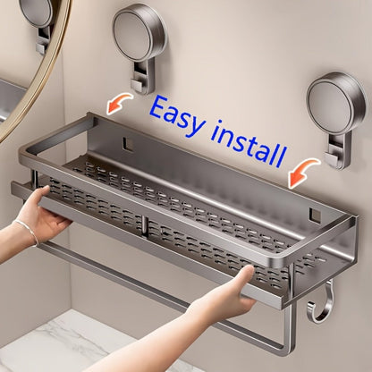 Shower Caddy Shelf Wall Mounted Suction Cup Rustproof Floating Bathroom Organizer Rack with Towel Hook for Shampoo Soap Accessories Space