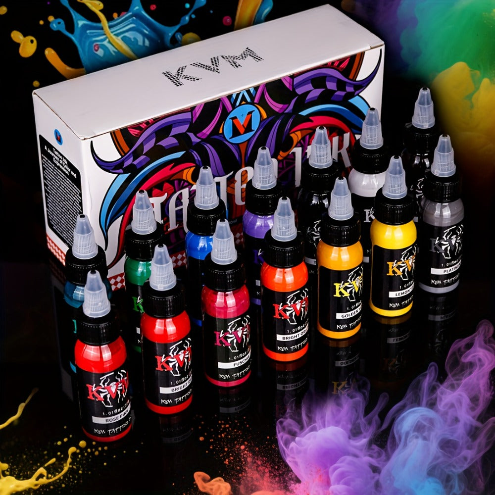 Tattoo Ink 7- or 14-Color Set with 1oz 30ml Bottles and Three Palette Configurations with Item-Specific Color, Capacity and Bottle Choices