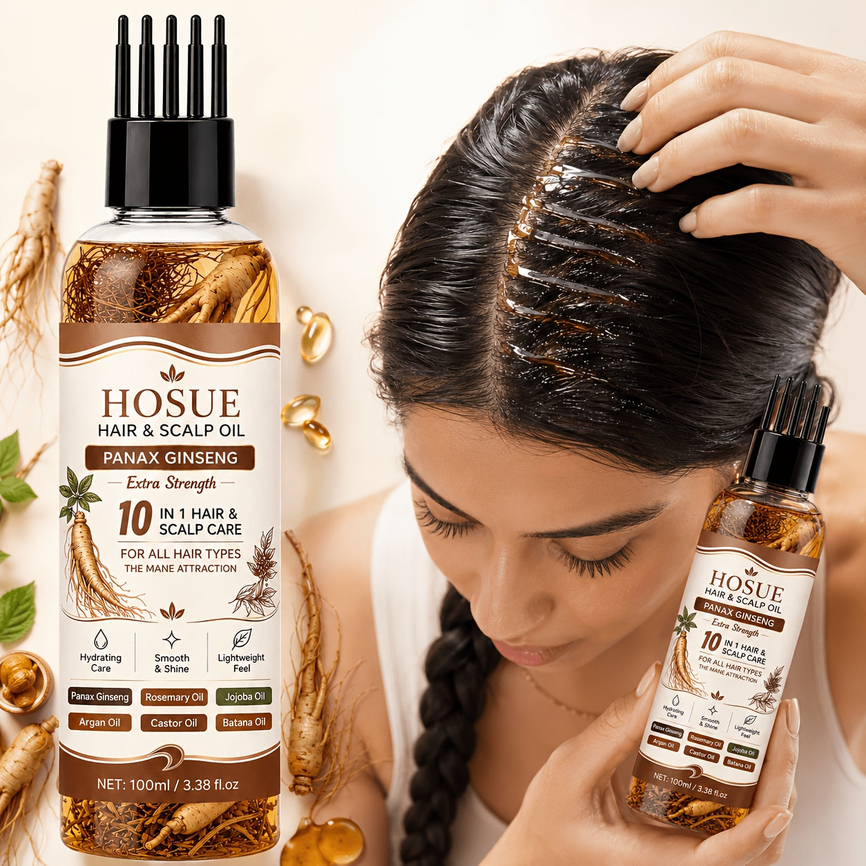 Hair Growth Oil 10-in-1 Botanical Herbal Blend Batana Rosemary Fenugreek Castor Red Onion Ginseng Turmeric Pumpkin Seed Nourishes