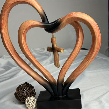 Resin Cross Ornament Wood Grain Love Design – Modern Decorative Cross Statue for Home Office Desktop, Mother's Day Valentine's Day Gift