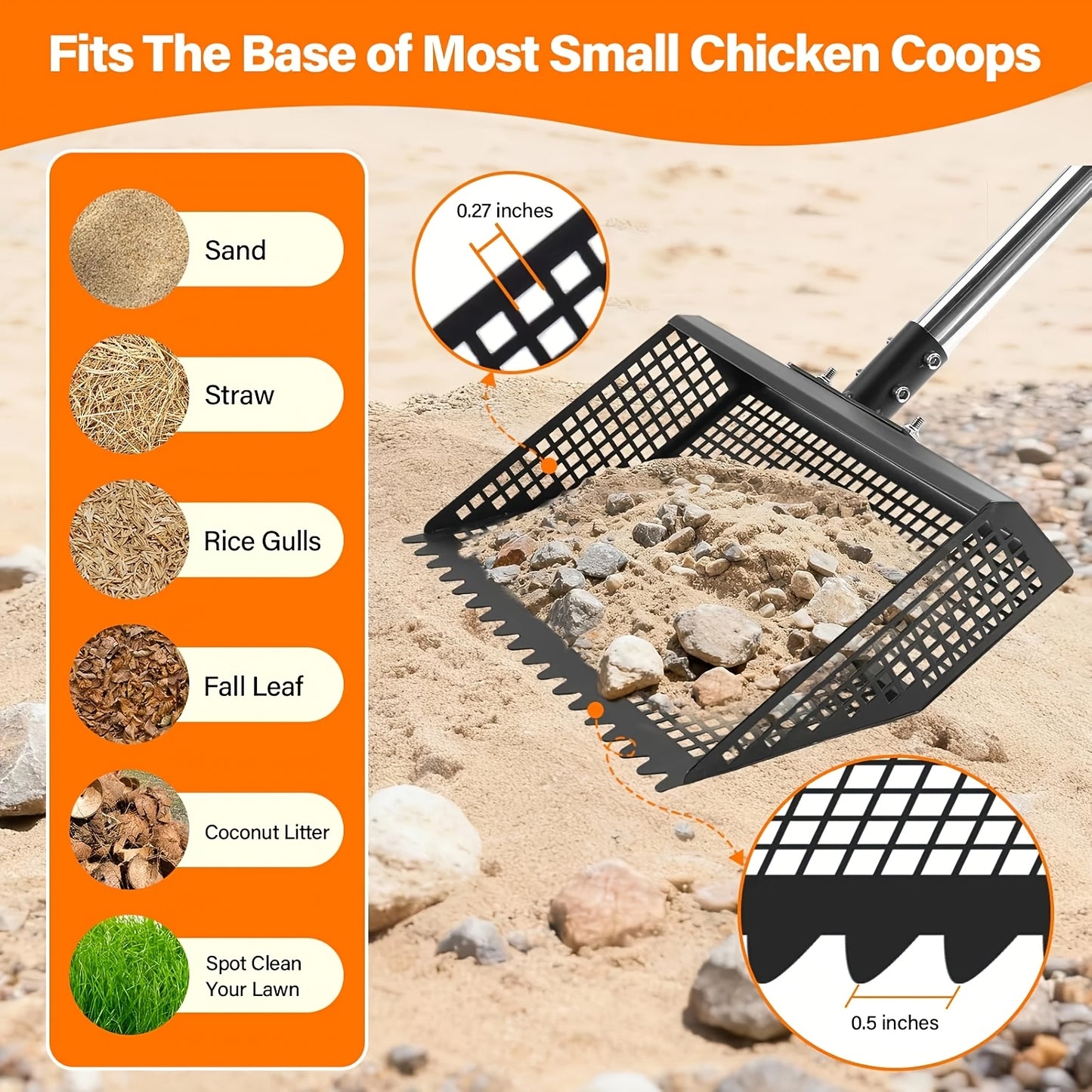 Cat Litter Scooper 2-in-1 Heavy Duty Rake with Adjustable 26–76" Stainless Steel Handle, Shatterproof Sand Sifting Shovel for Litter Box