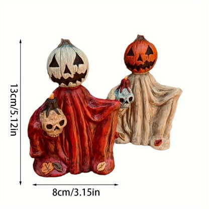 Halloween Pumpkin Wizard Resin Figurine 2-Pack, Spooky Desktop Ornament & Bookshelf Decor for Entryways, Bedrooms and Living Spaces