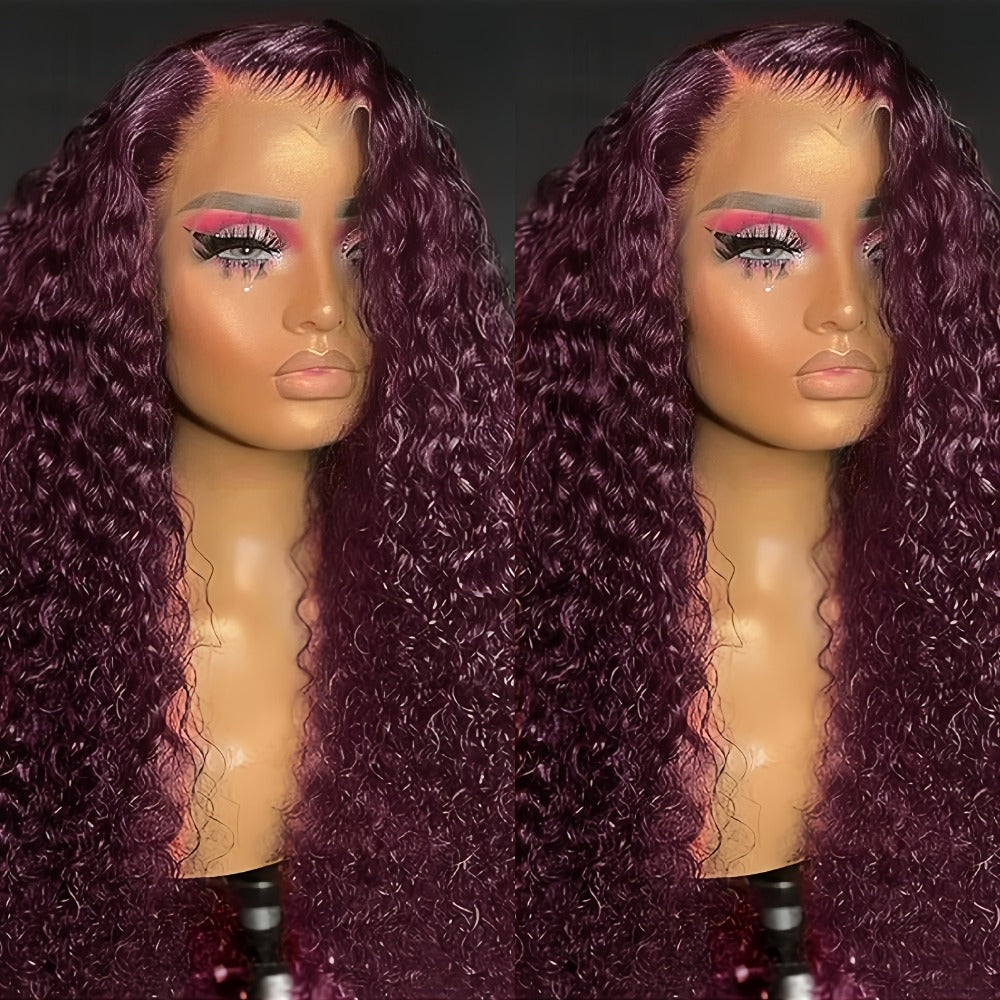 Lace Front Wig 99J Burgundy Deep Wave, 32-Inch Style with 200% Density, 13x4 Front and Four-Comb Cap