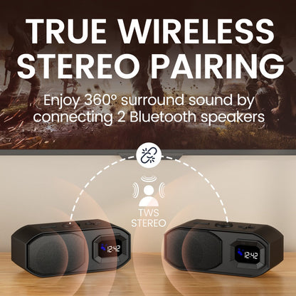 Bluetooth Speaker with Digital Alarm Clock, Fixed-Time Alarm, HD Sound, TWS Stereo Pairing, USB TF Card AUX Input