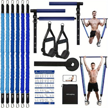 Natural Latex Pilates Bar Kit with Resistance Bands 20-360 lbs – Stainless Steel Handle, Adjustable Length for 5'3"-6'2"