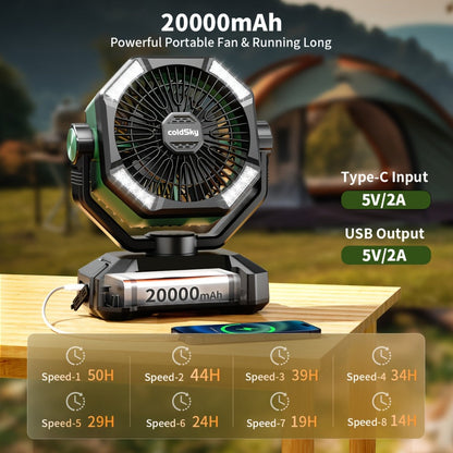 Camping Fan with Dual Motors & 4 LED Lights, Portable Tent Fan with Remote Control, 8 Speed Settings
