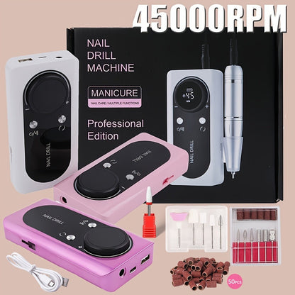 Low Noise Nail Drill Machine 45000RPM Rechargeable with LCD Display – Quiet Electric E-File for Gel Polish Acrylic Natural Nails