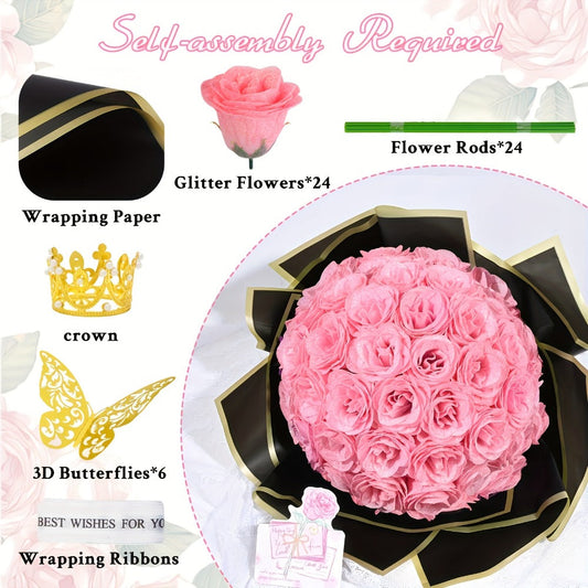 Artificial Rose Bouquet 24 Glitter Roses with 6 Golden Butterflies, Everlasting Shiny Fake Flower Bouquet for Wedding