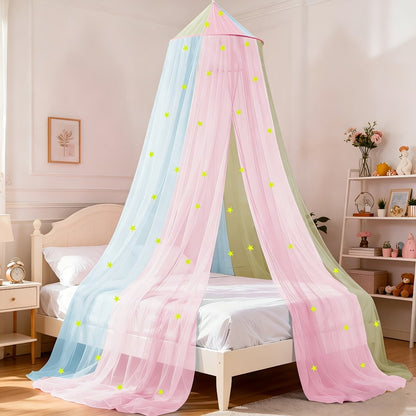 Bed Canopy for Girls Princess Rainbow Glow in the Dark Stars Colorful Canopy Curtain Fits for Entryways, Bedrooms and Living Spaces