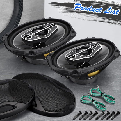 Pair of 6 x 9 Inch Five-Way Coaxial Car Speakers Labeled 1000W Peak, 120W RMS and 4 Ohms with Grilles