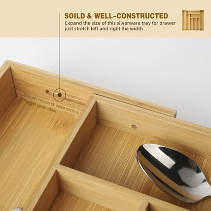 Bamboo Drawer Organizer Expandable Adjustable 9-Compartment Silverware Tray Cutlery Utensil Holder for Kitchen Drawer Office Desk Bedroom