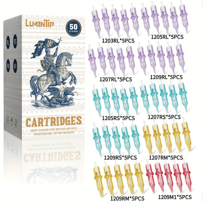 Tattoo Cartridge Needles with Lumentip Label, 50-Piece #12 Mixed or Round Liner Pack Choice