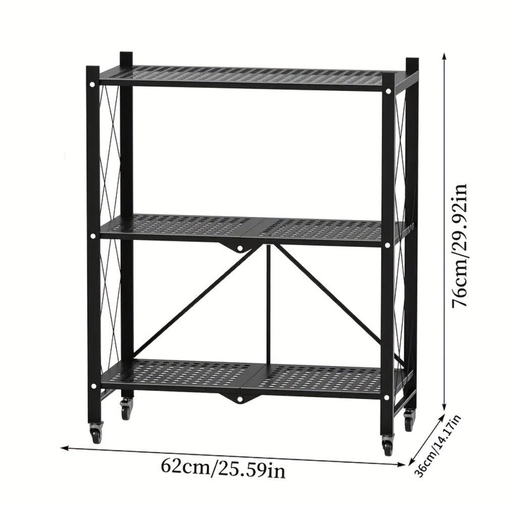 Storage Rack 3-5 Tier Foldable Shelving Unit with Wheels – Portable Multi-Layer Floor Standing Utility Shelf Organizer for Bedroom Closet