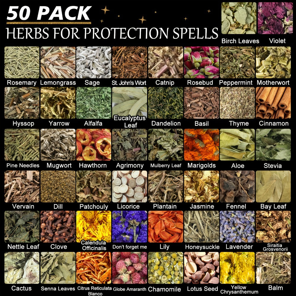 Dried Herbs for Witchcraft 50-Pack, Bulk Dried Flowers & Herb Kit for Wicca Beginners, Pagan Rituals