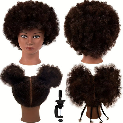 Mannequin Head Human Hair Afro Curly with Clamp Cosmetology Practice Training Head for Hairdresser Braiding Styling Cutting 4 Styles Natural