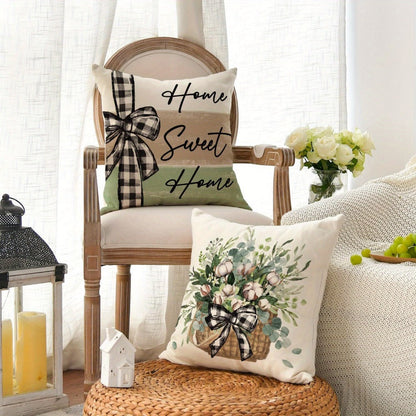 Four-Piece 18 x 18-Inch Farmhouse Botanical Throw Pillow Cover Set with Eucalyptus and Plaid Prints