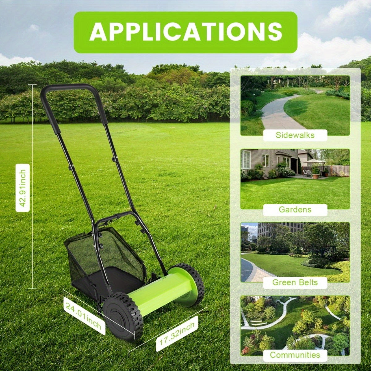 Manual Reel Lawn Mower 5-Blade Push Mower 11.8-Inch Cutting Width Adjustable Height 0.47"-1.77" for Garden, Patio and Yard Use