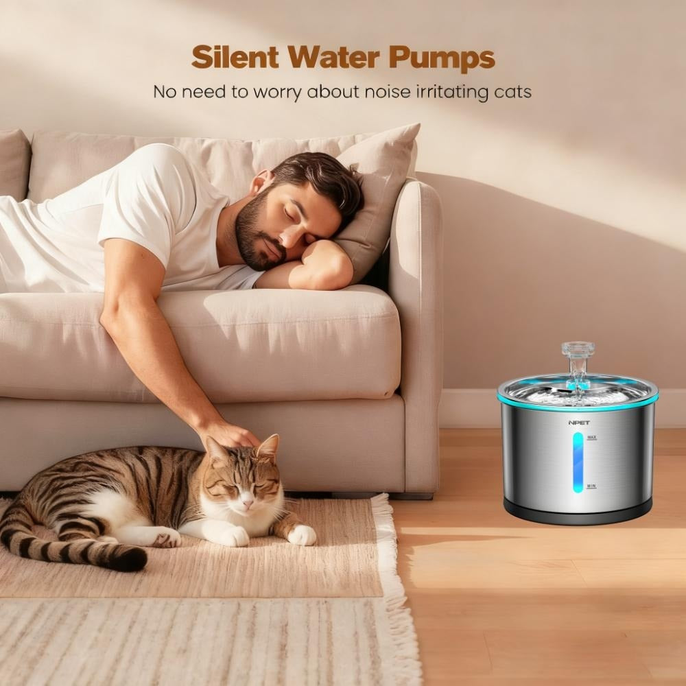 Cat Water Fountain Stainless Steel 50oz/1.5L – Ultra Quiet Auto Pet Water Dispenser with LED Light, Visible Window & Dishwasher Safe