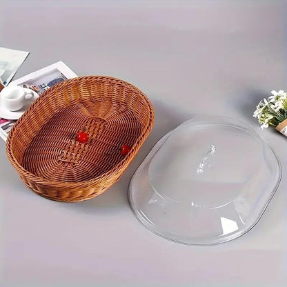 Wicker Bread Basket with Clear Acrylic Lid Rattan Storage Basket Washable Food Tray for Bread Fruit Desserts Kitchen Picnic Home Display