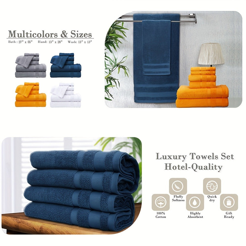 Towel Set 6 or 10 Piece Pure Cotton Bath Towels in Grey, Blue, White or Yellow for Home, Gym and Travel