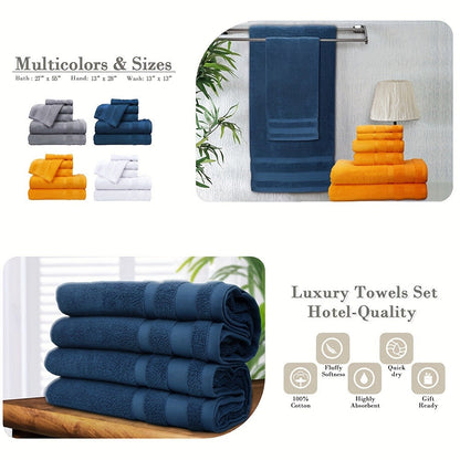 Towel Set 6 or 10 Piece Pure Cotton Bath Towels in Grey, Blue, White or Yellow for Home, Gym and Travel