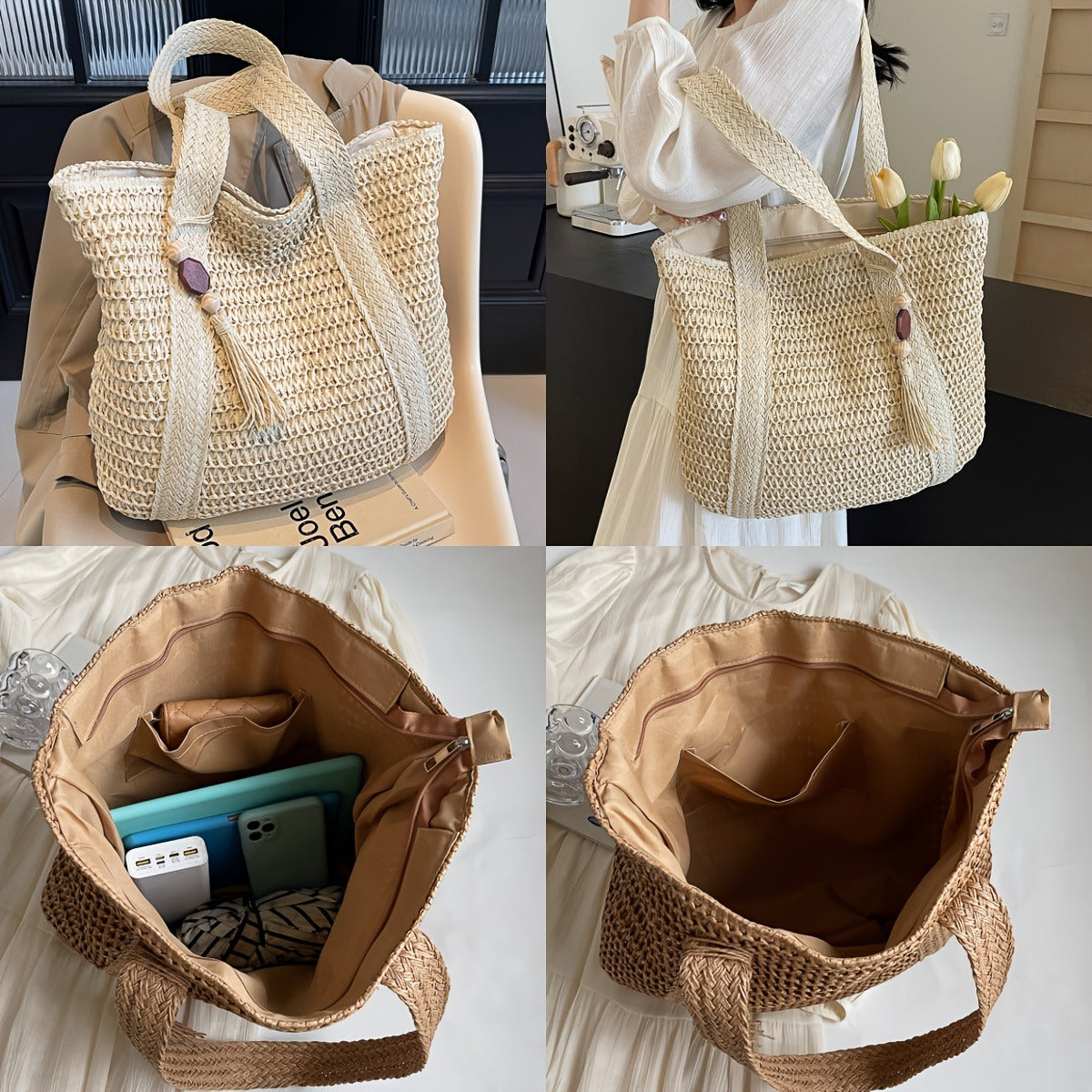 Straw Woven Tote Bag for Women with Tassel, Large Beach Storage and 3 Natural Color Options