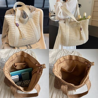 Straw Woven Tote Bag for Women with Tassel, Large Beach Storage and 3 Natural Color Options