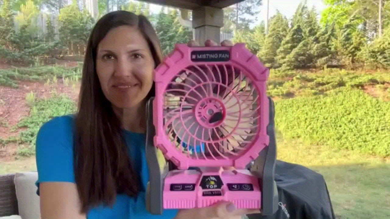 Rechargeable Camping Fan 20000mAh with Misting, Power Bank, RGB Light, 4 Speeds & Tent Hook for Outdoor Use