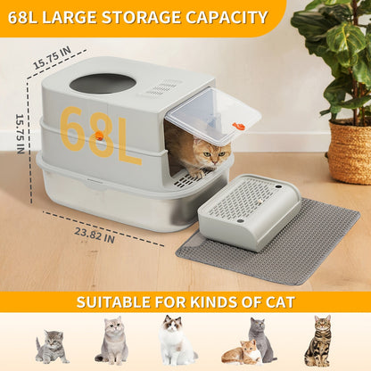 Stainless Steel Cat Litter Box with Lid – Extra Large 68L Enclosed & Semi-Open Modular System, 304 Steel Non-Stick Easy Clean