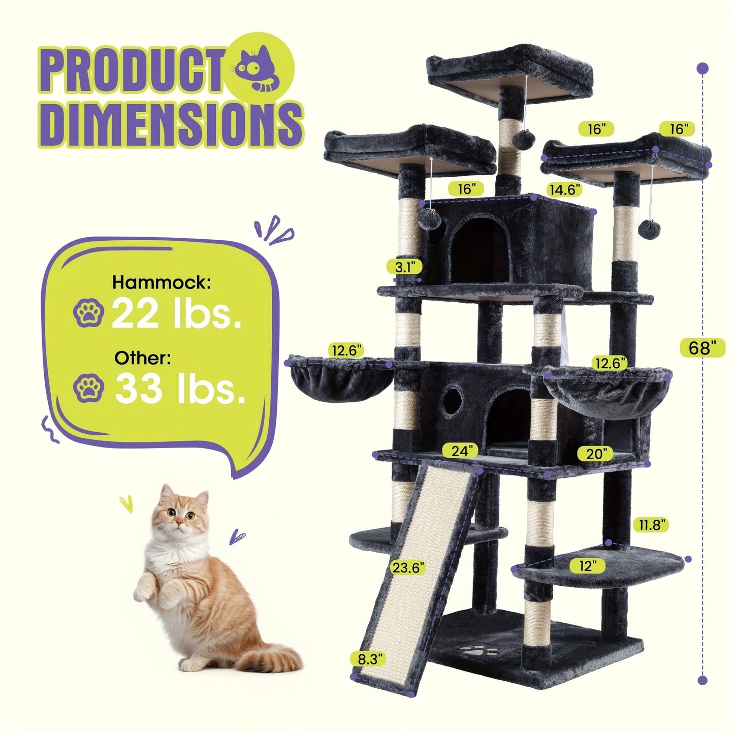 Multi-Level Cat Tree in 36-, 65-, 68- or 81-Inch Heights with Perches, Condo, Hammock and 30 Color, Pattern or Layout Options