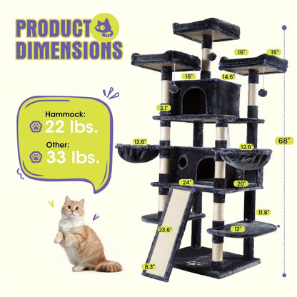 Multi-Level Cat Tree in 36-, 65-, 68- or 81-Inch Heights with Perches, Condo, Hammock and 30 Color, Pattern or Layout Options